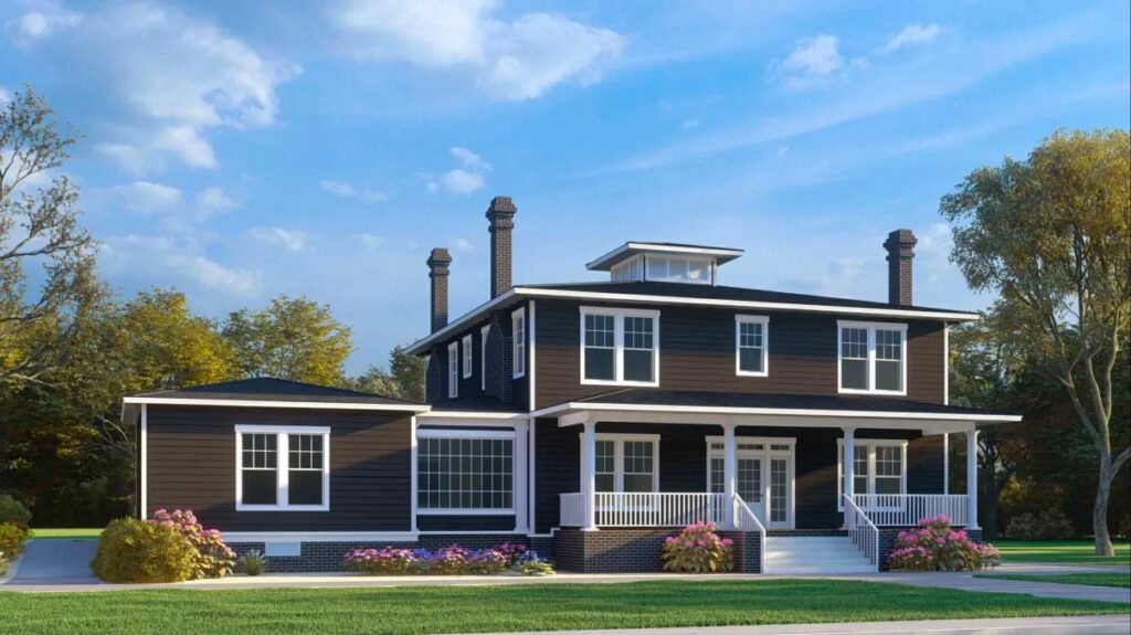 Modern two-story house with dark siding, white trim, brick foundation, wraparound porch, and landscaped front yard.