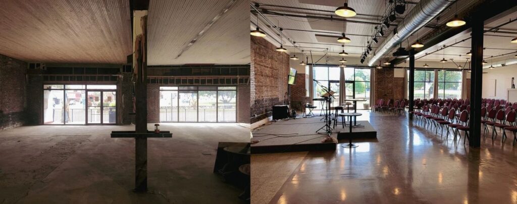 Before and after of an industrial loft space being transformed into a polished event venue with seating and stage setup.